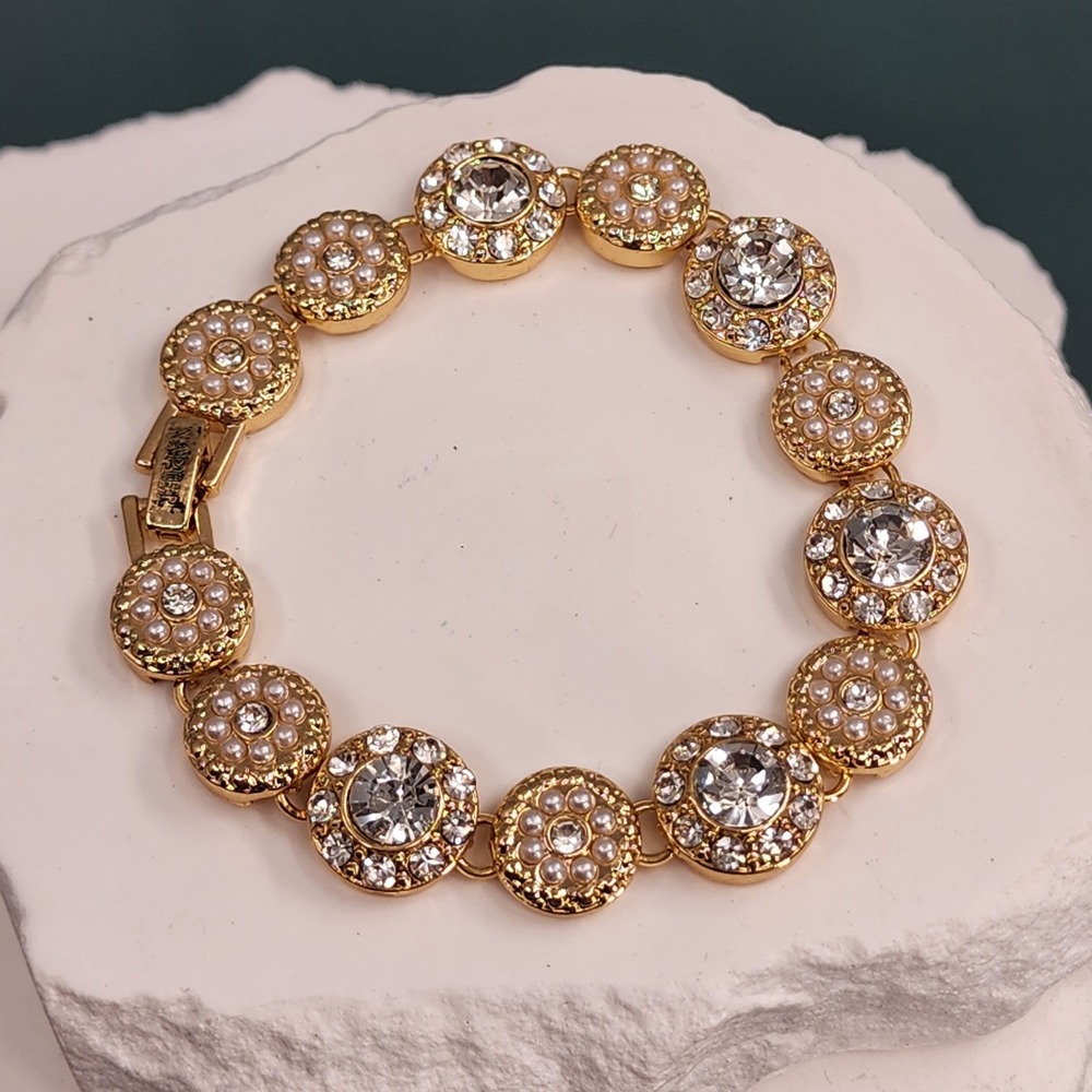 Napier Gold Tone Faux Pearl Rhinestone Bracelet Round Floral Glam Statement